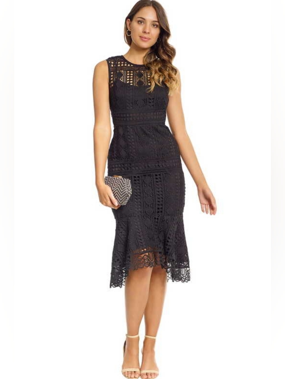 Shoshanna Black Sleeveless Lace Midi Dress